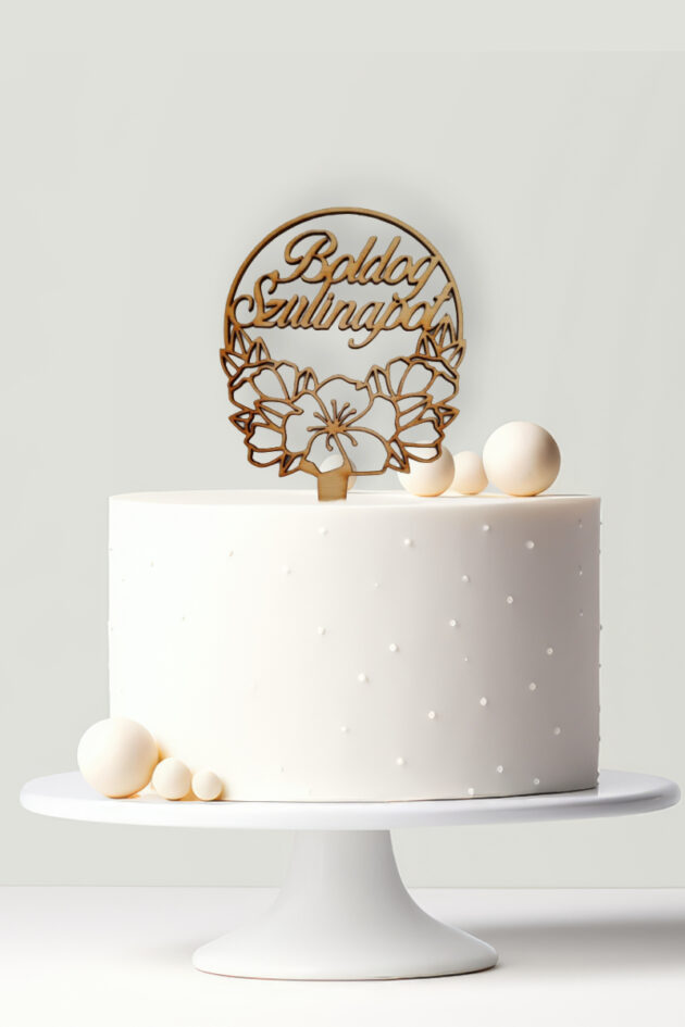 Lézervágott fa tortabeszúró Boldog szülinapot (virágos)