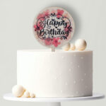 Nyomtatott fa tortabeszúró- Rózsaszín virágos Happy Birthday