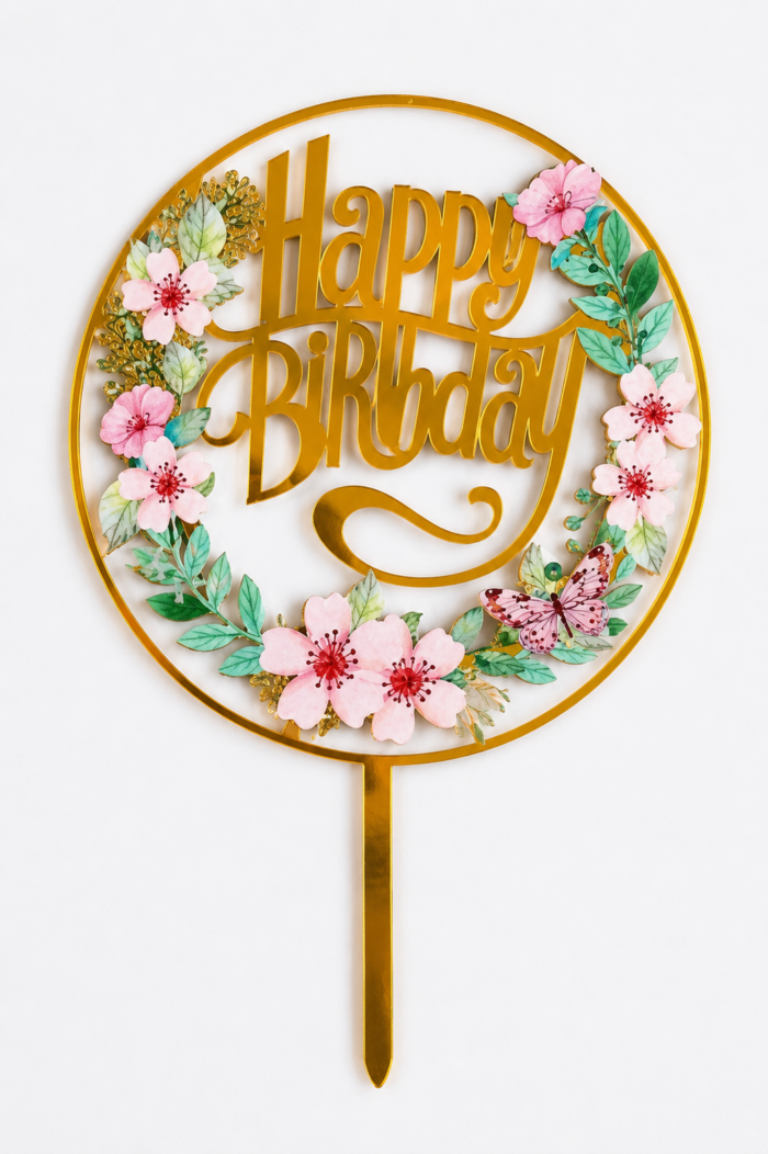 Happy Birthday tortabeszúró - virágos, pillangós - Image 2