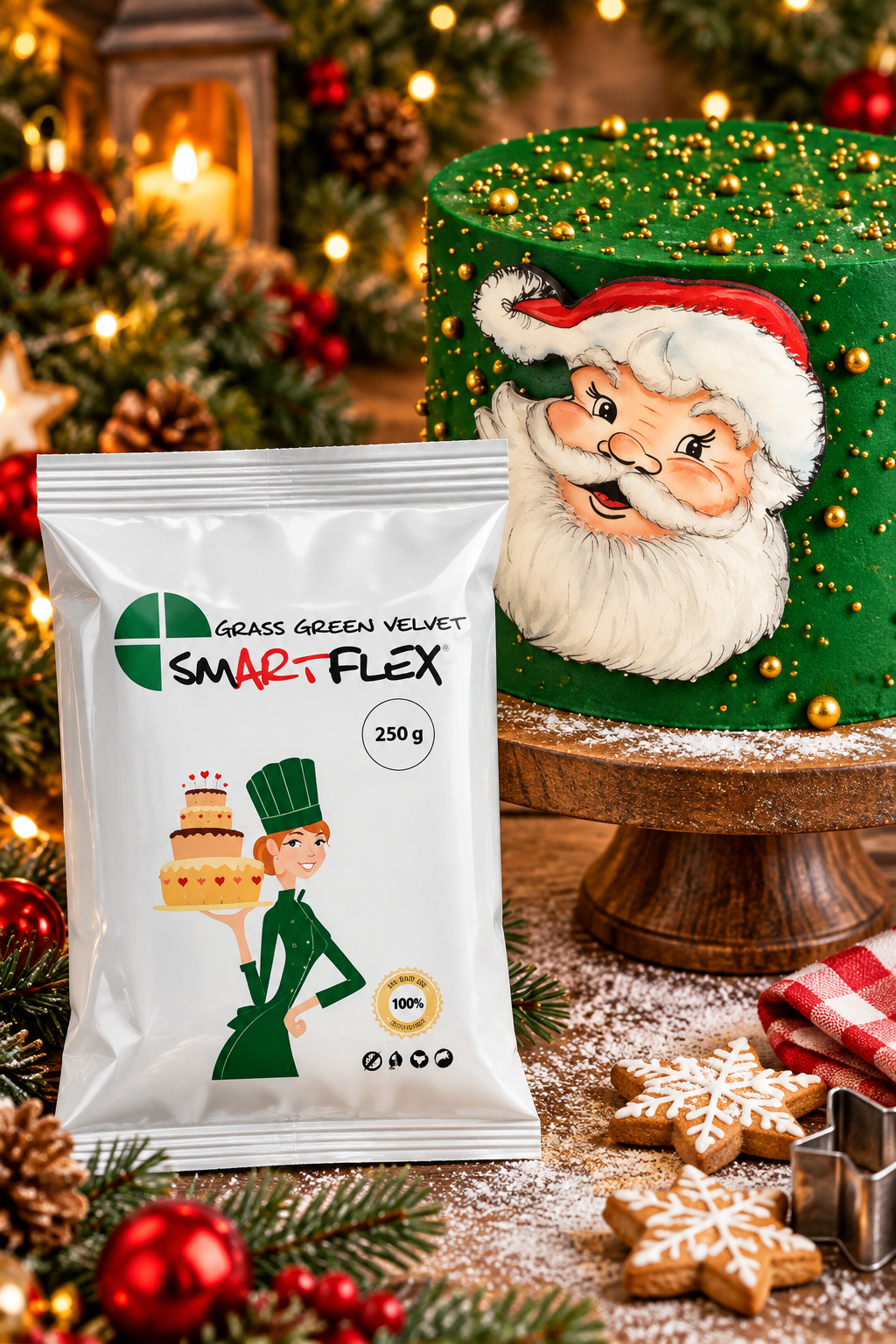 Karácsonyi zöld torta és fondant csomagolás Smartflex Velvet burkolómassza- Fűzöld - Image 1